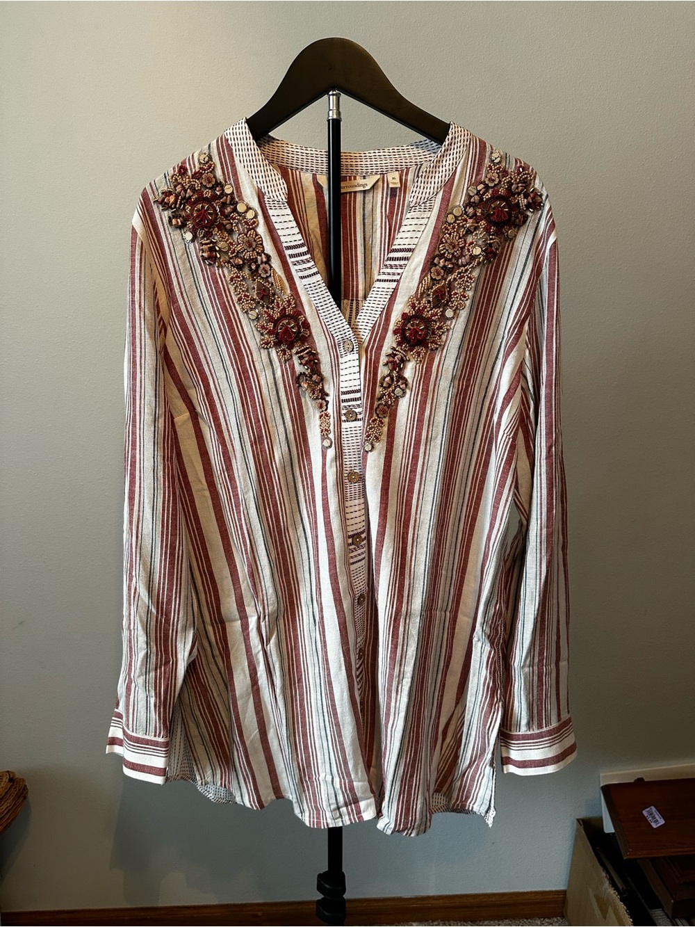 Soft Surroundings Repose Berry Stripe Tunic Beaded Boho Top